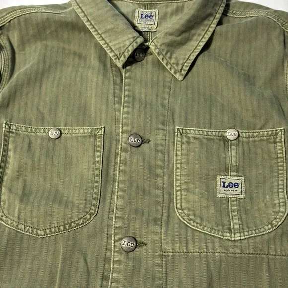 Vintage Lee Military Chore Jacket Mens Large Green Railroad Stripe Workwear - Picture 5 of 9